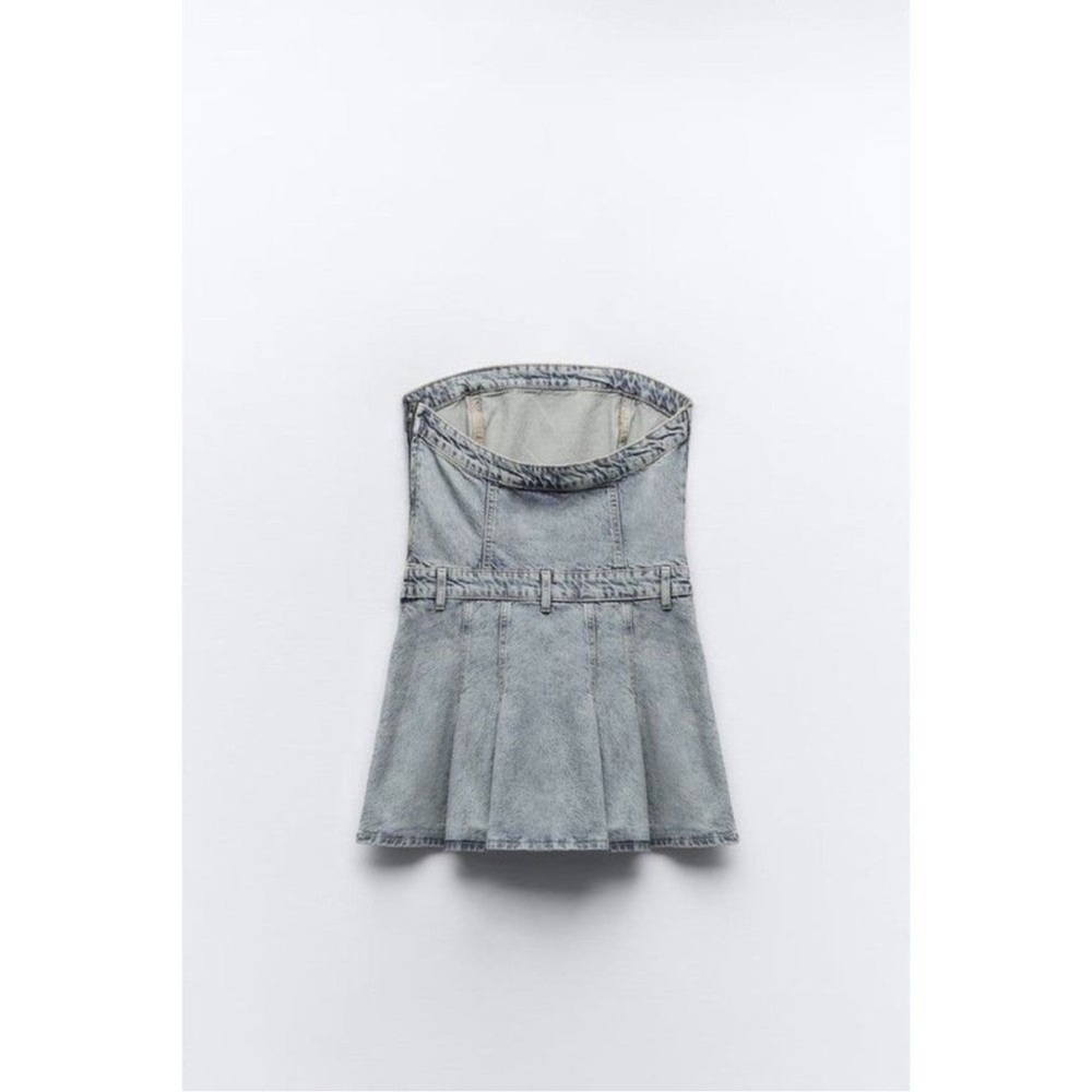 Zara PLEATED TRF STRAPLESS DENIM MINI DRESS Size Small NWT - Picture 5 of 11
